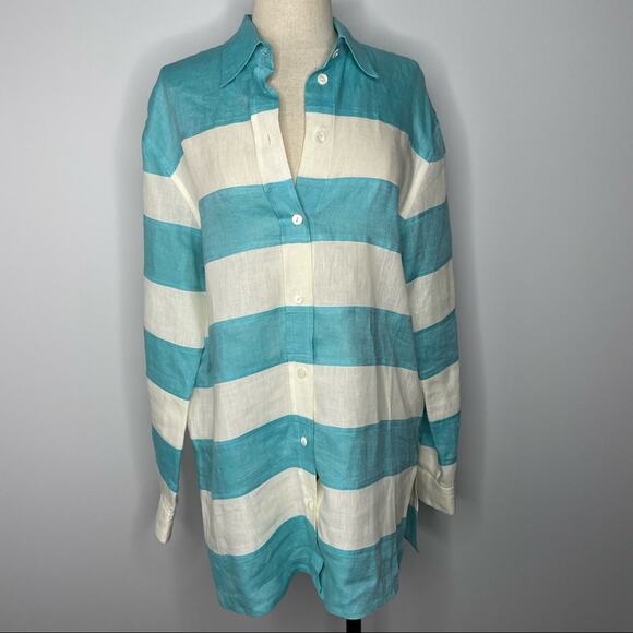 Escada Sport Linen Blouse Button Down Stripe Blue White L EUC - Picture 13 of 15